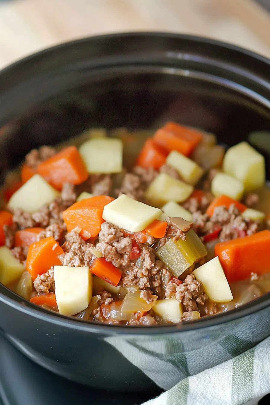A pot of simmering stew with rich broth and chunks of vegetables.