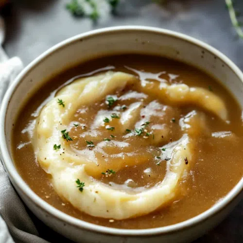 Gravy being poured over mashed potatoes, with onions visible.