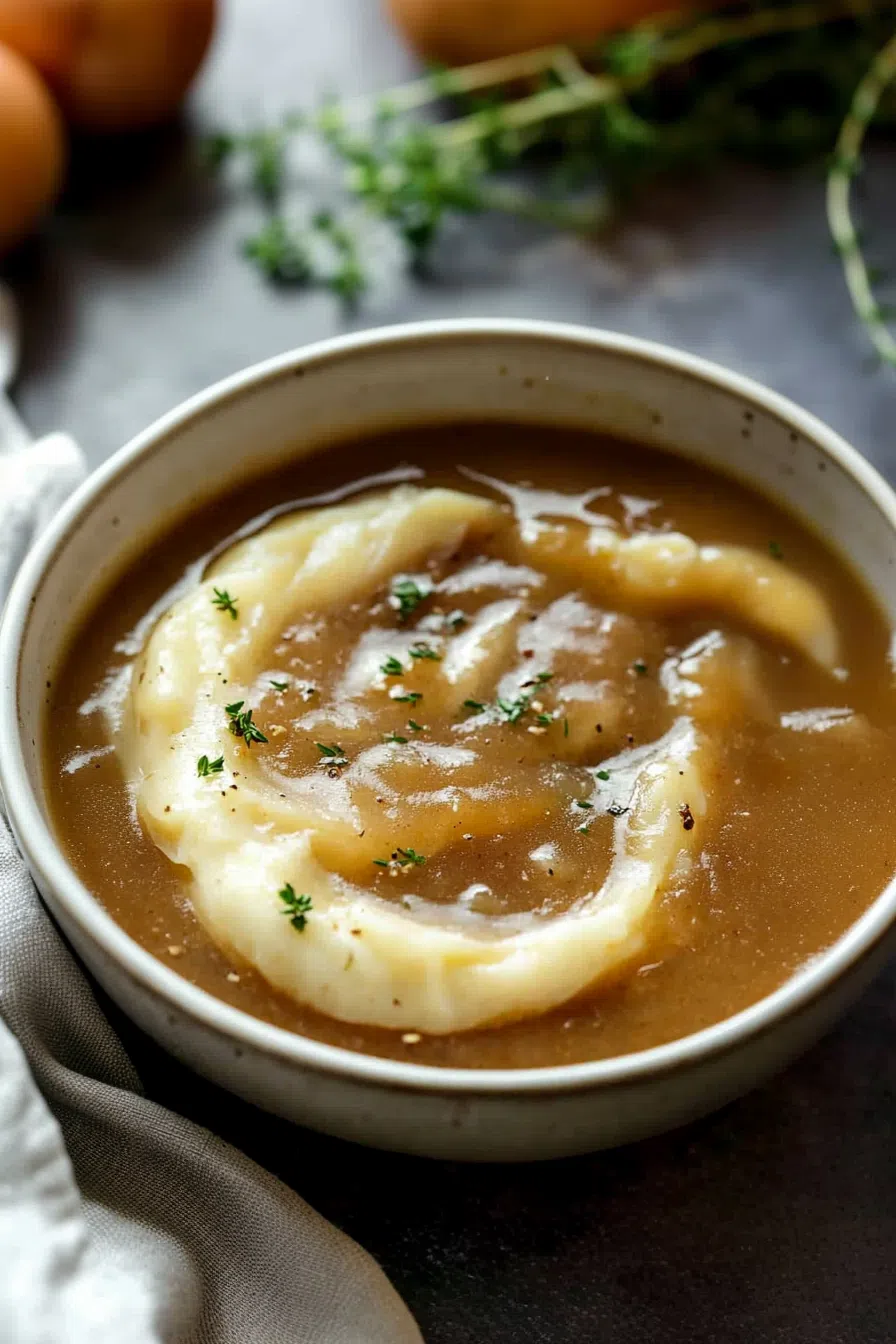 Gravy being poured over mashed potatoes, with onions visible.