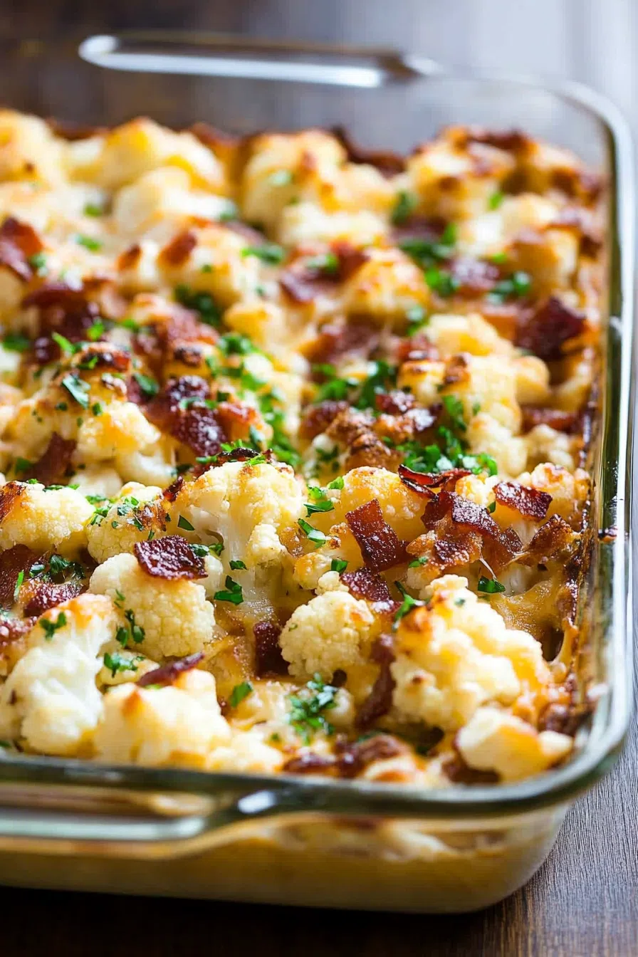 A casserole dish filled with melted cheese, bacon bits, and cauliflower florets.
