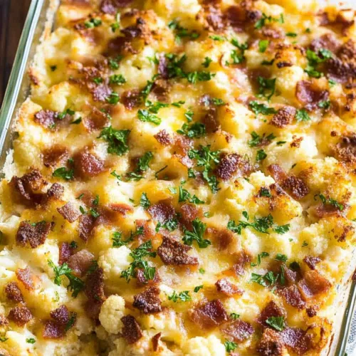 A baked casserole with a golden cheese crust and crispy bacon on top.