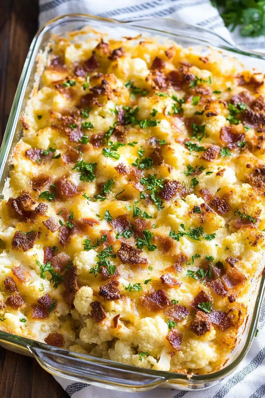A baked casserole with a golden cheese crust and crispy bacon on top.