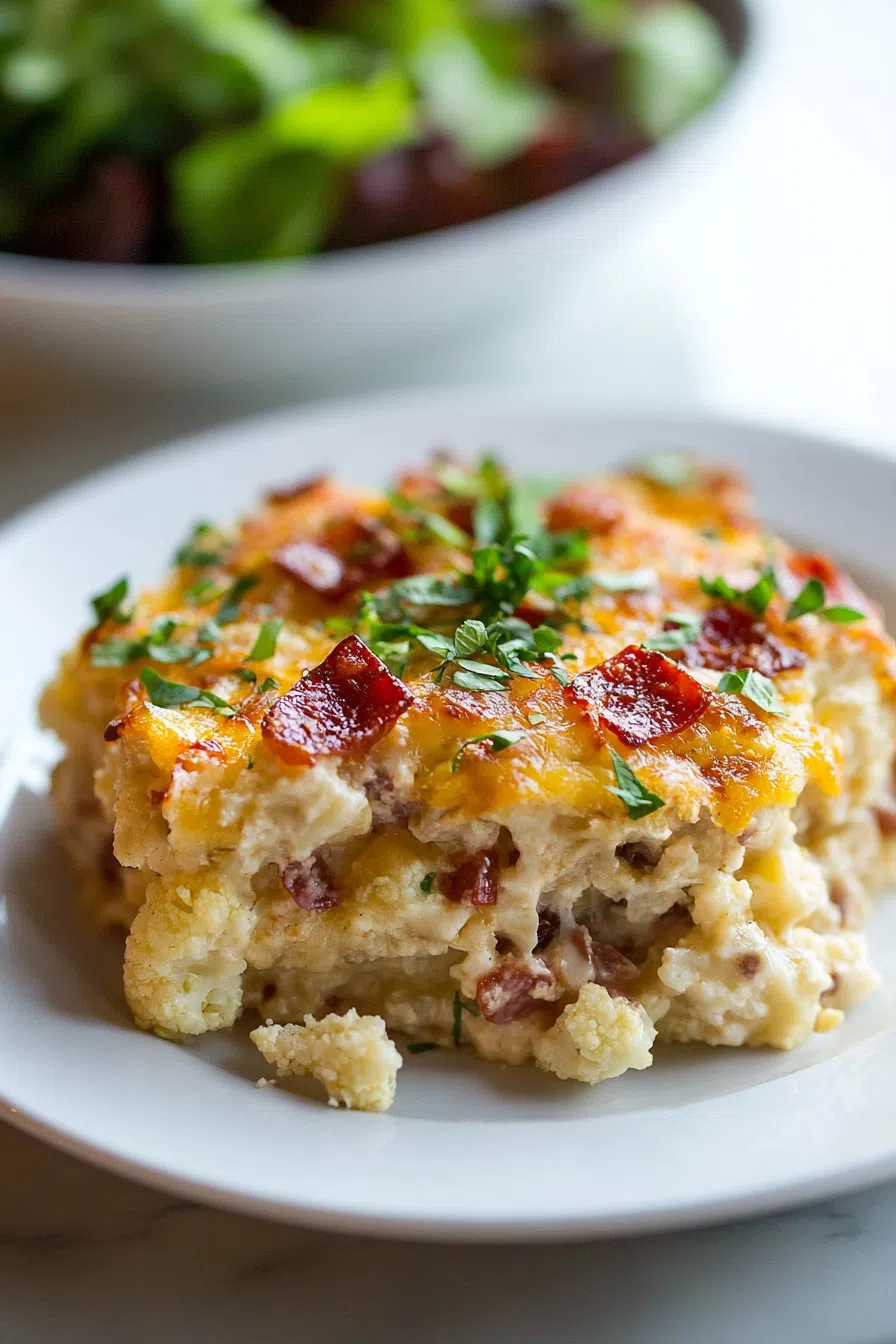 A plated serving of casserole with a creamy texture and crispy toppings.