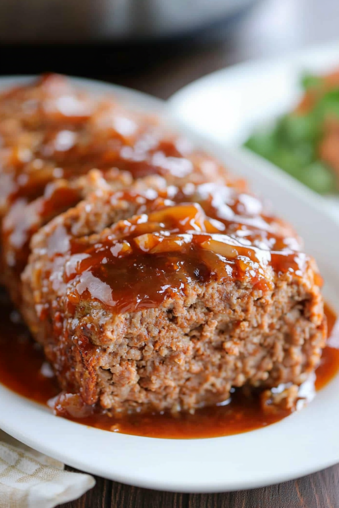 A perfectly sliced meatloaf with a rich, glossy glaze on top.