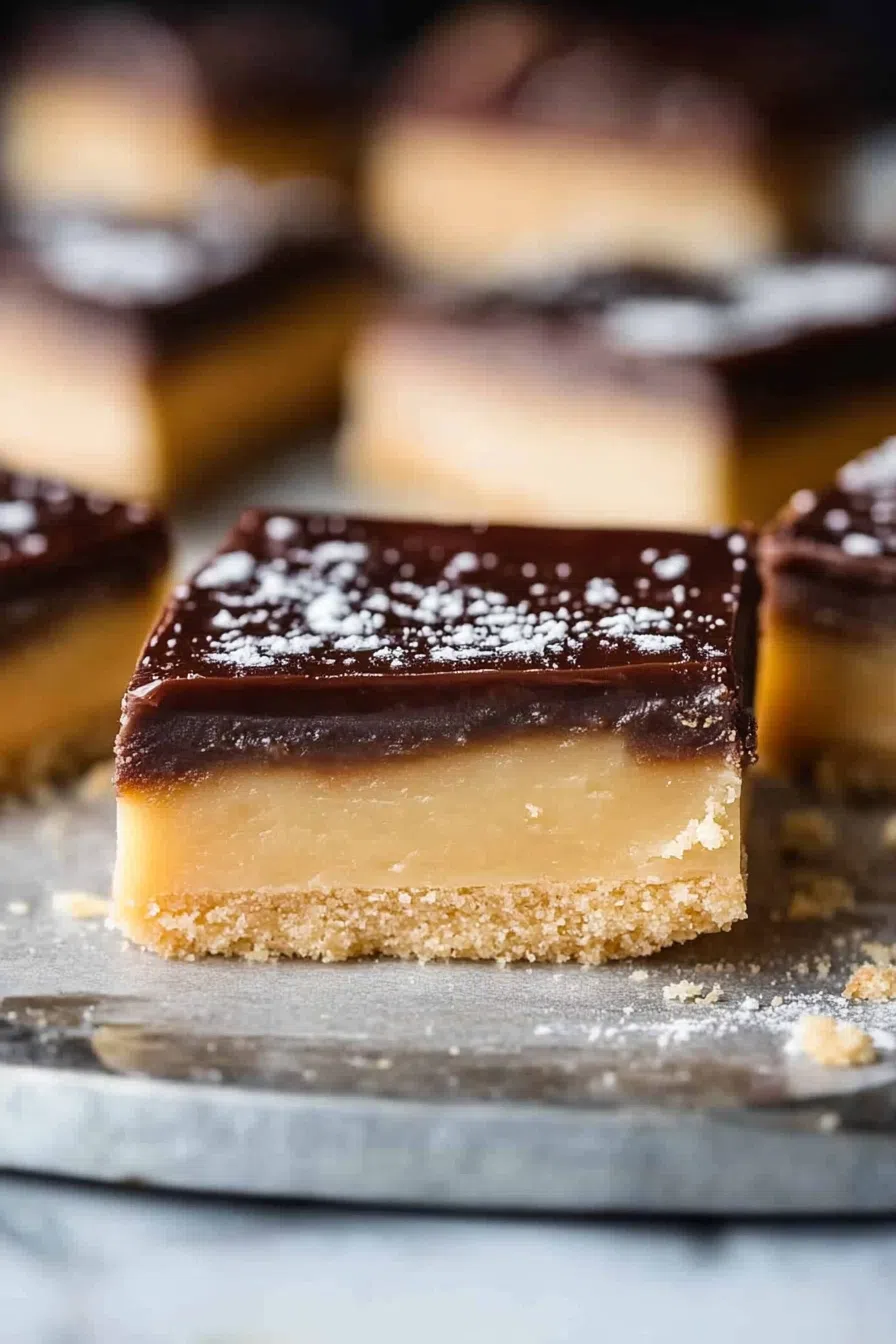 A tray of freshly cut shortbread bars with caramel and chocolate layers.