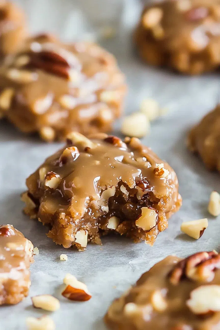 Bite-sized praline cookies with visible coconut and pecan pieces, ready to enjoy.