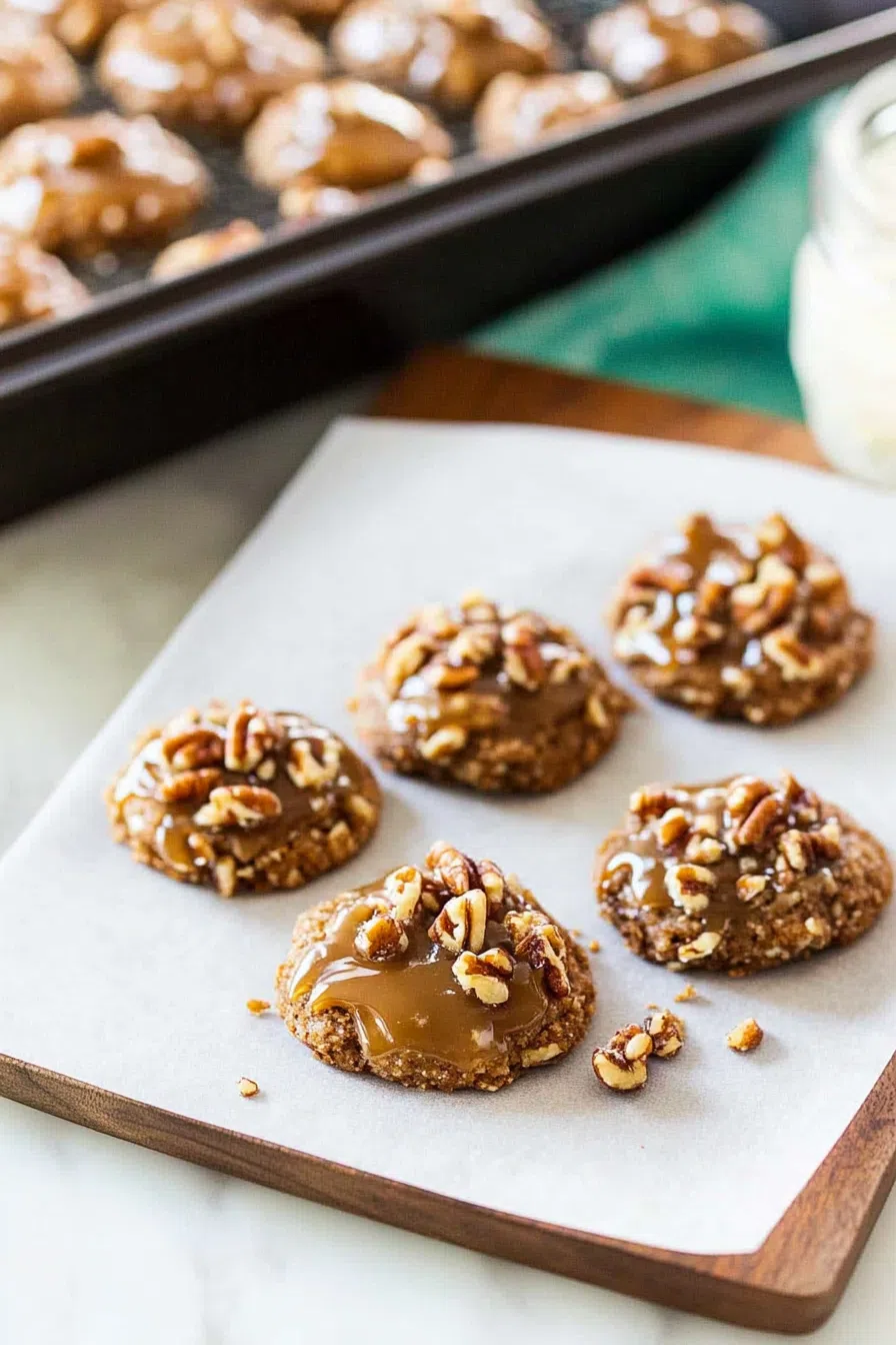 Glossy, caramelized cookies with pecans and coconut on parchment paper.