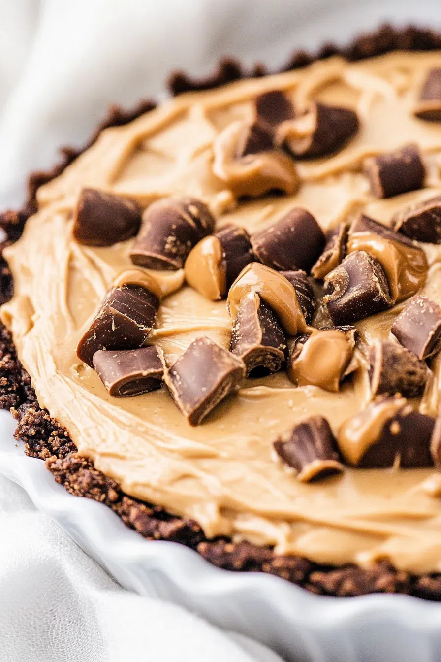 A close-up of a smooth peanut butter filling with a whipped topping.