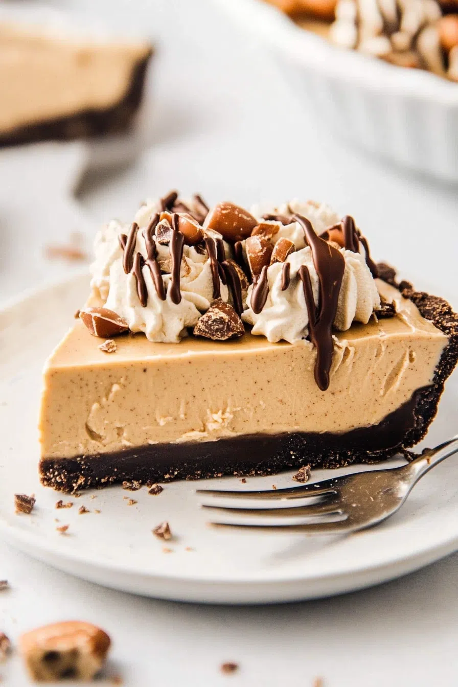 A creamy peanut butter pie with a chocolate cookie crust, topped with whipped cream.
