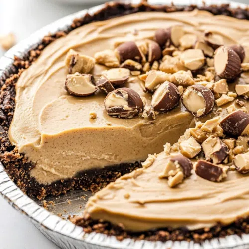 A pie with a graham cracker crust and peanut butter filling, garnished with chocolate shavings.