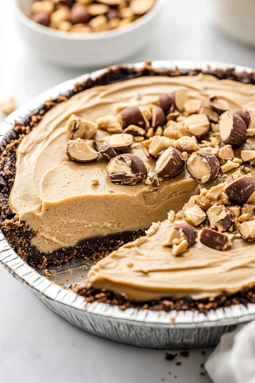 A pie with a graham cracker crust and peanut butter filling, garnished with chocolate shavings.
