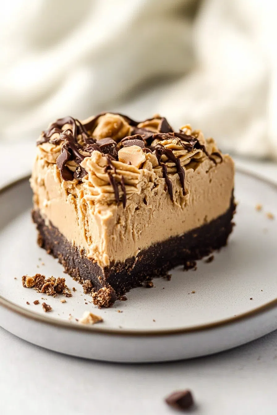 A close-up of a slice of pie with a smooth peanut butter filling and chocolate drizzle.