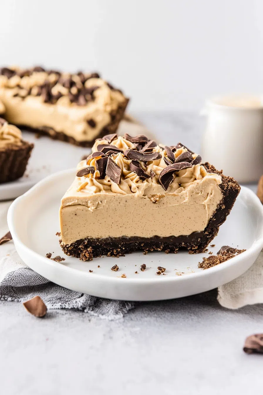 A slice of peanut butter pie on a dessert plate with chocolate drizzle.