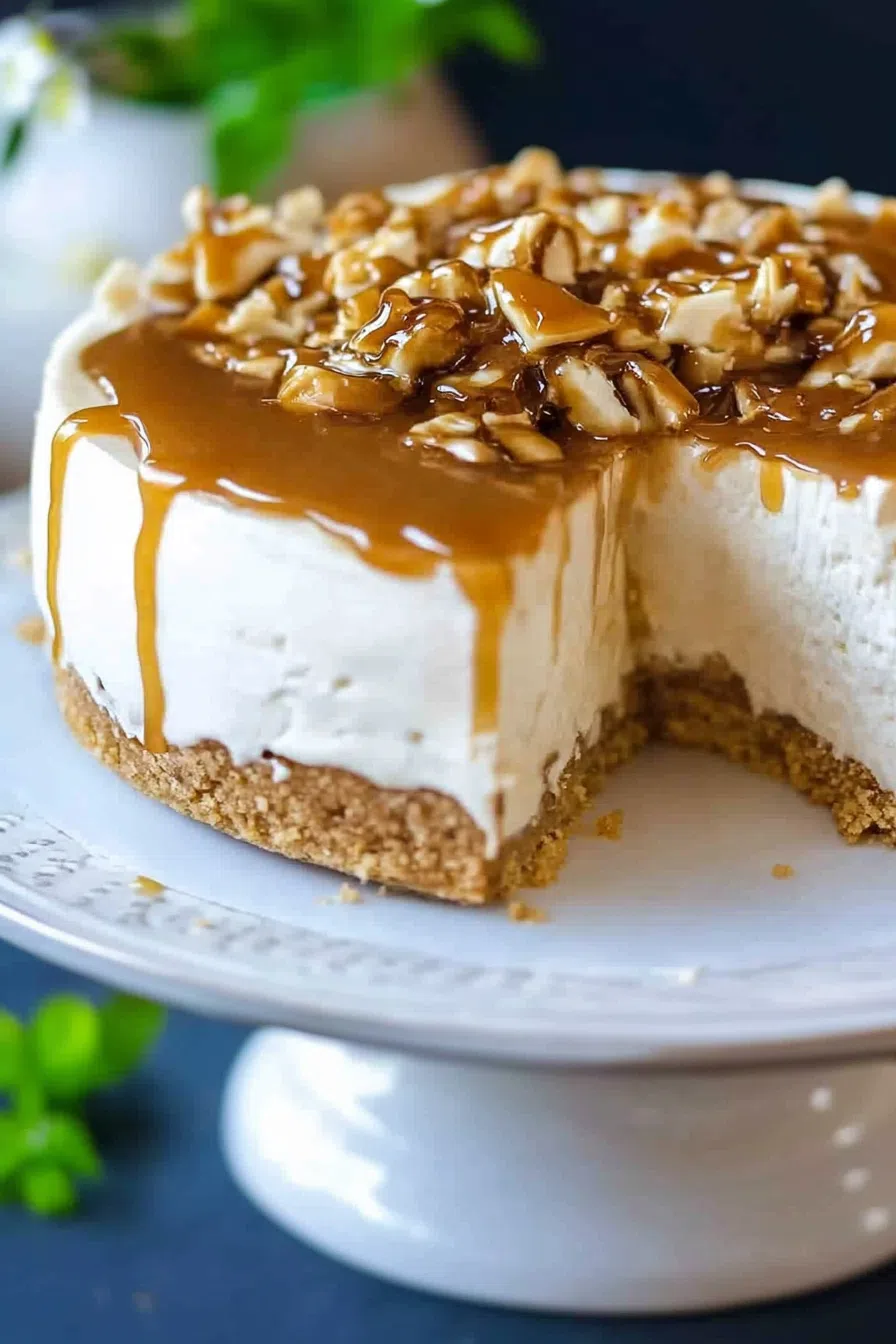 Whole cheesecake with a golden caramel layer and a graham cracker crust.