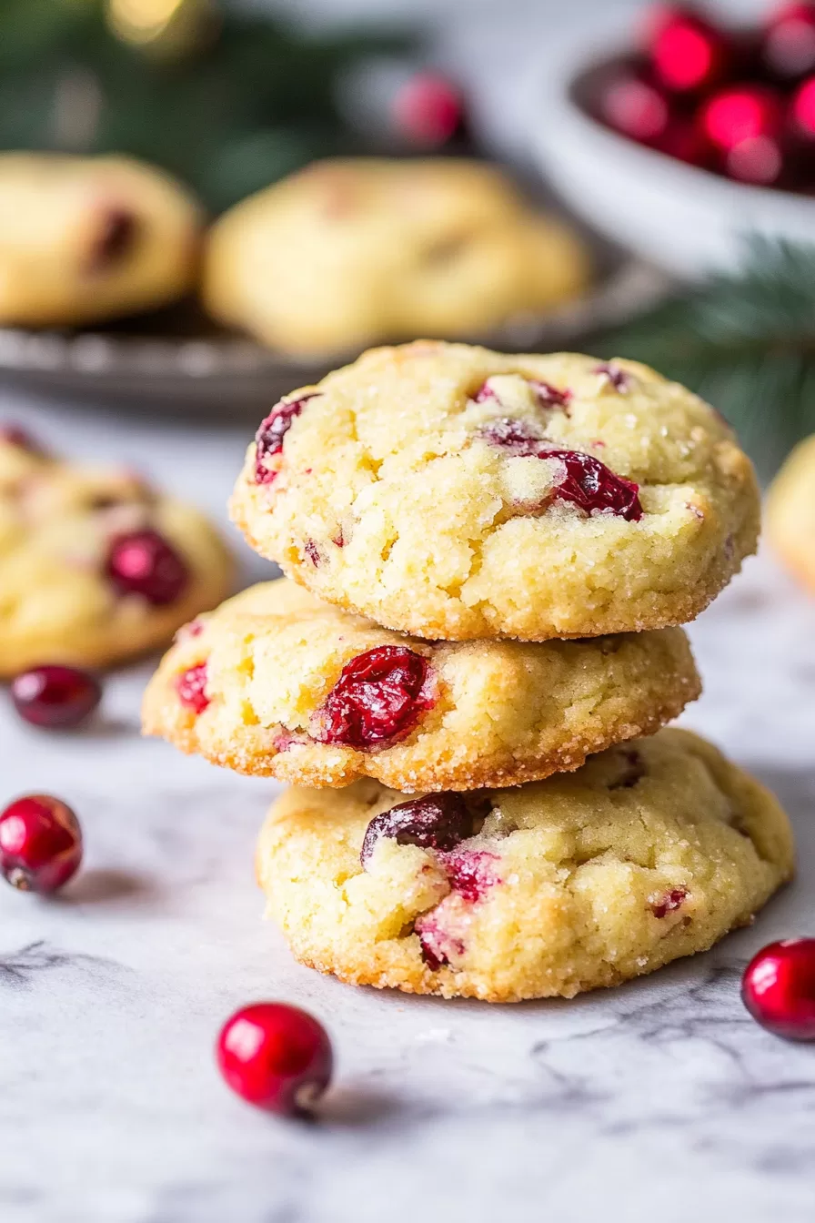 A stack of buttery cookies speckled with juicy cranberries, perfect for the holidays.