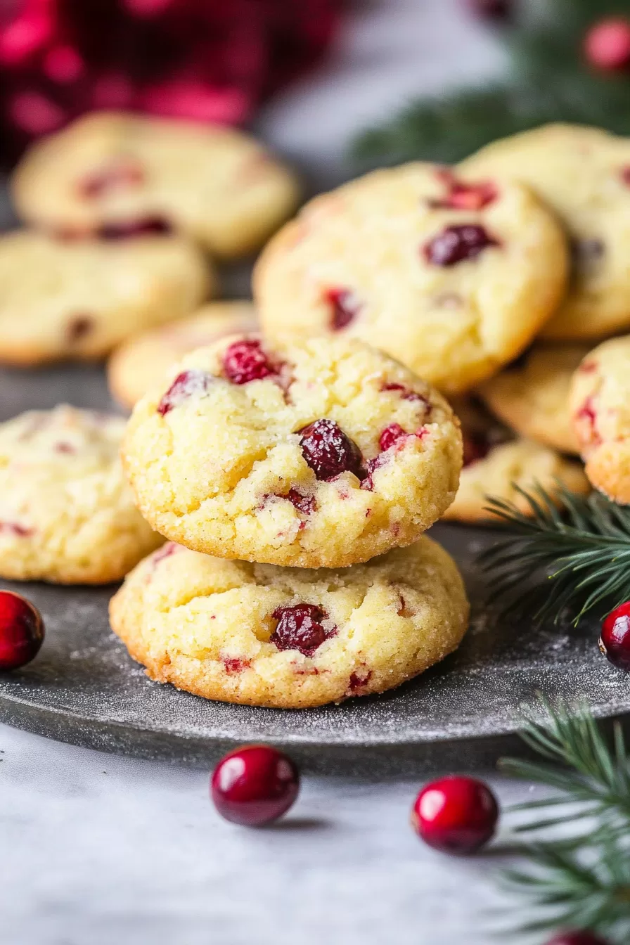 A plate of freshly baked cookies, dotted with tart cranberries, surrounded by holiday decor.