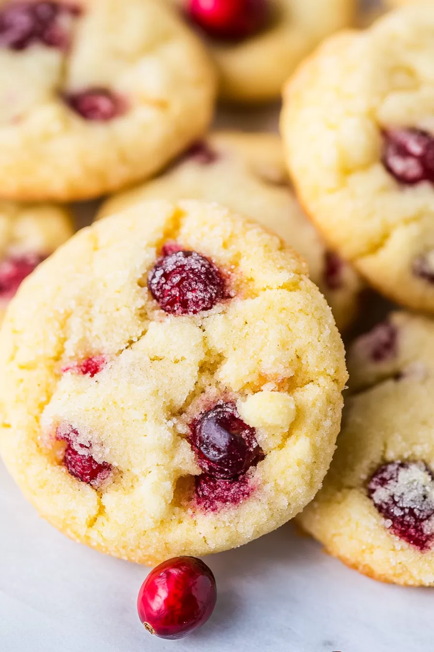 A close-up of soft, golden cookies with vibrant red cranberries on a festive background.