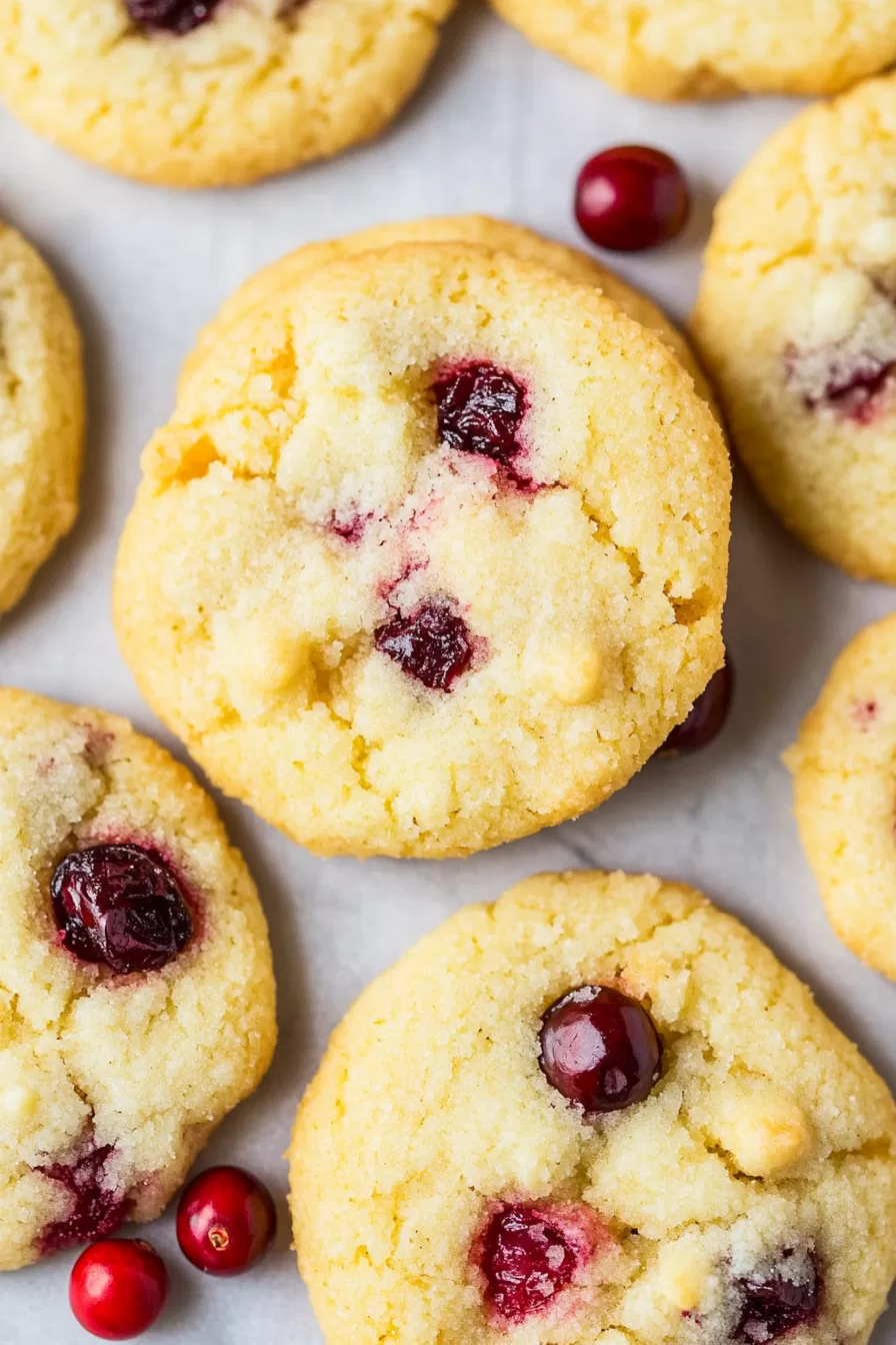 Delicately baked cookies with a crisp edge and bursts of cranberry scattered throughout.