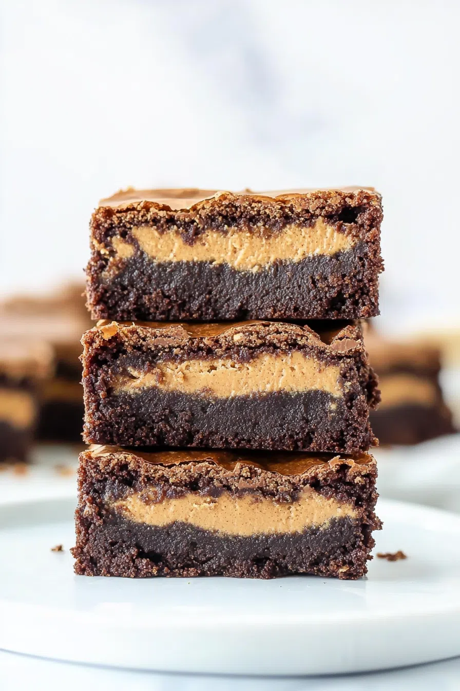 A stack of dense, chocolate brownies with a smooth peanut butter filling.