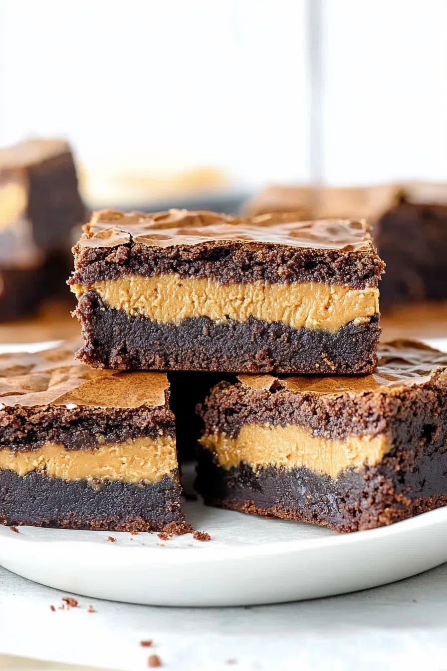 Peanut butter stuffed brownies stacked on a dessert platter, ready to be enjoyed.