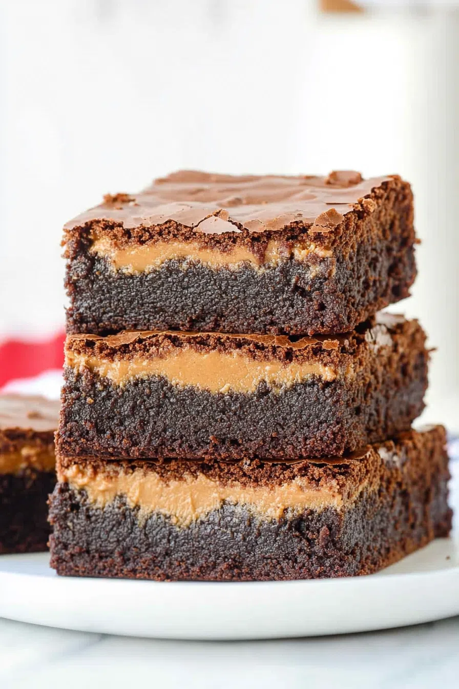 Close-up of gooey brownies revealing a rich peanut butter filling.