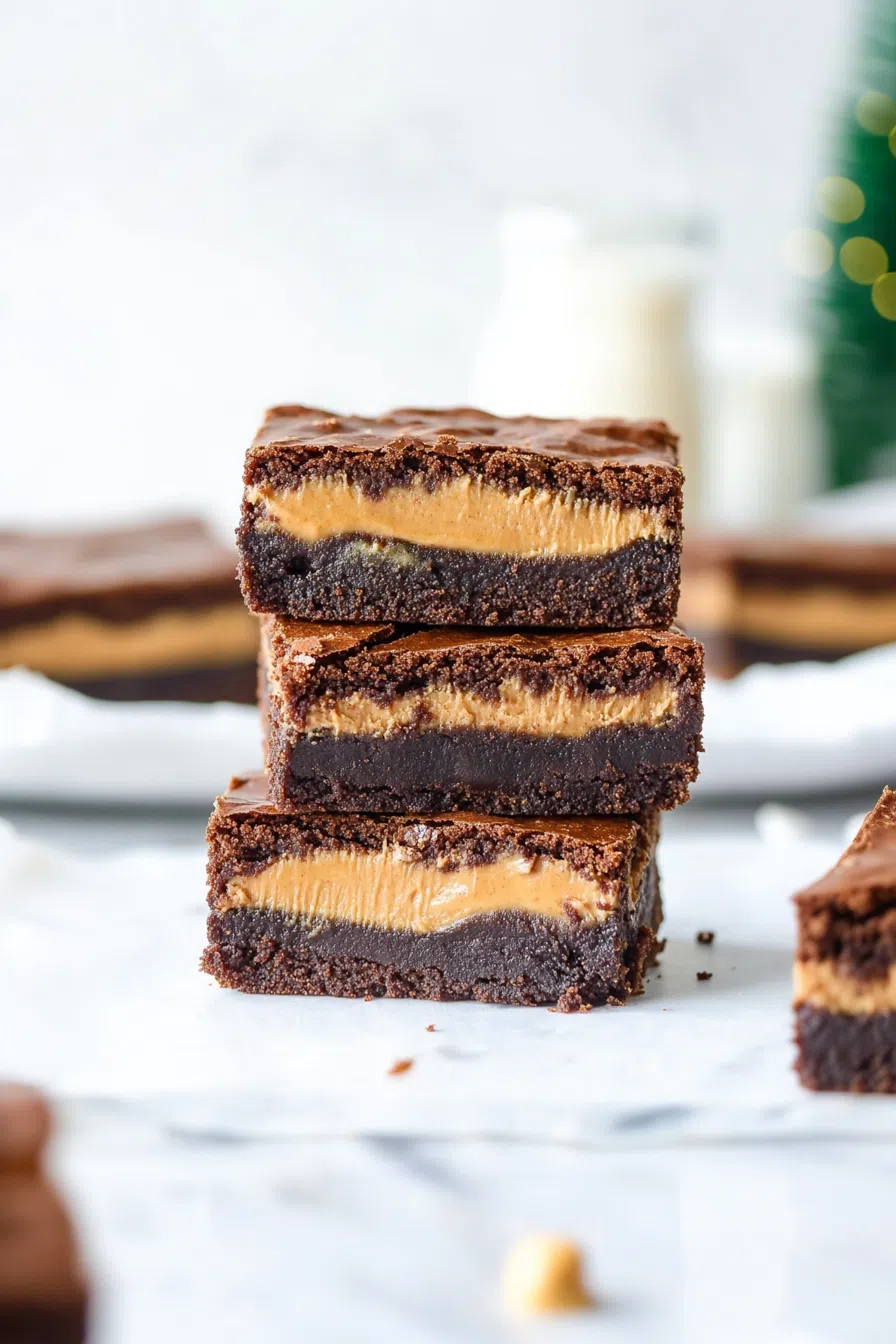 Thick brownie slice with a creamy peanut butter layer, served on a white plate.