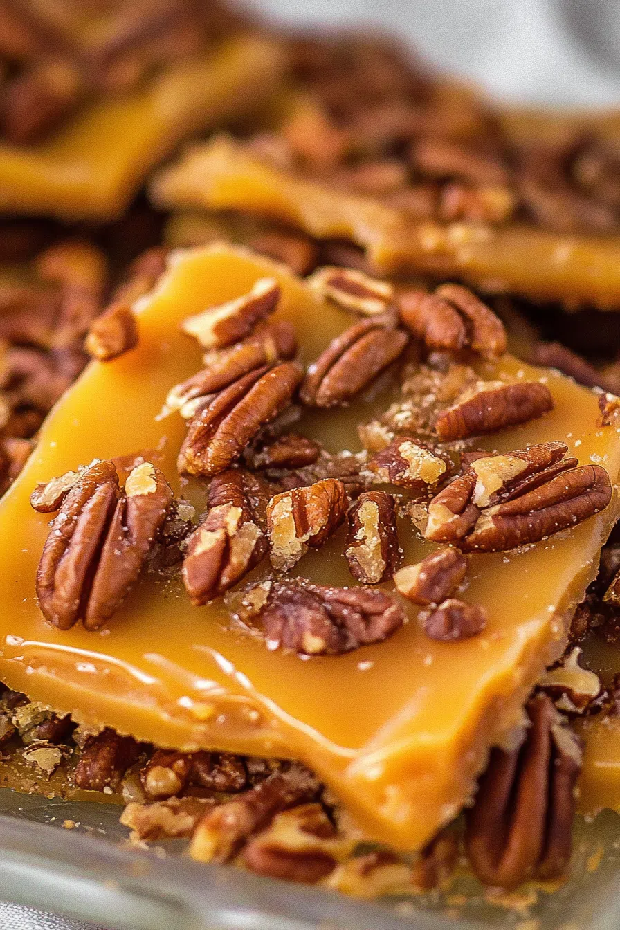 A close-up of pecan bark pieces with a glossy caramel coating.