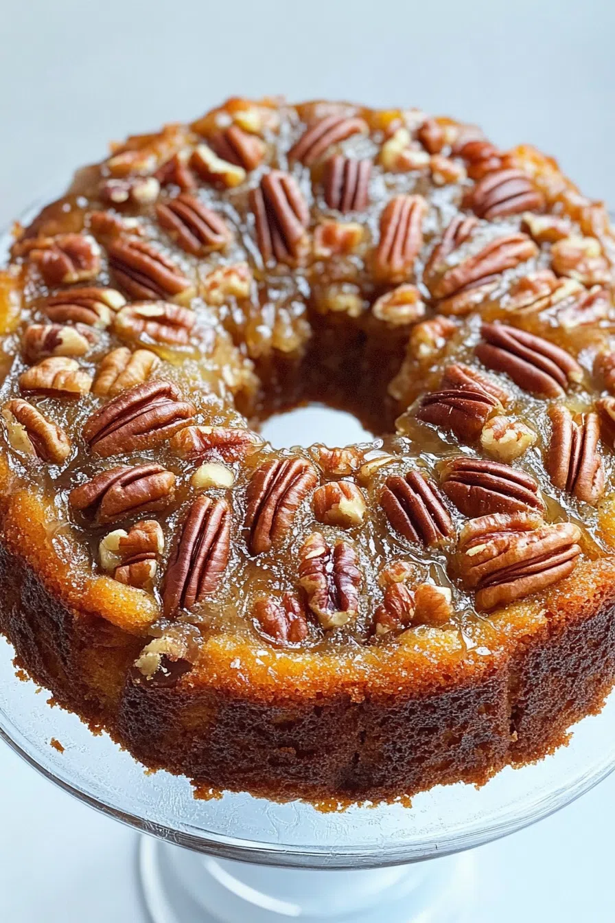 Whole Bundt cake showcasing its rich pecan topping and moist texture.