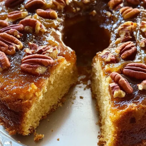 Close-up of a slice of pecan upside-down Bundt cake with glossy pecan glaze.