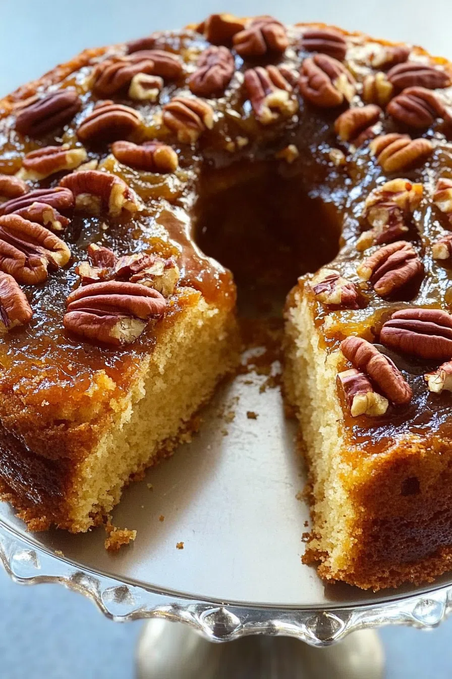 Close-up of a slice of pecan upside-down Bundt cake with glossy pecan glaze.