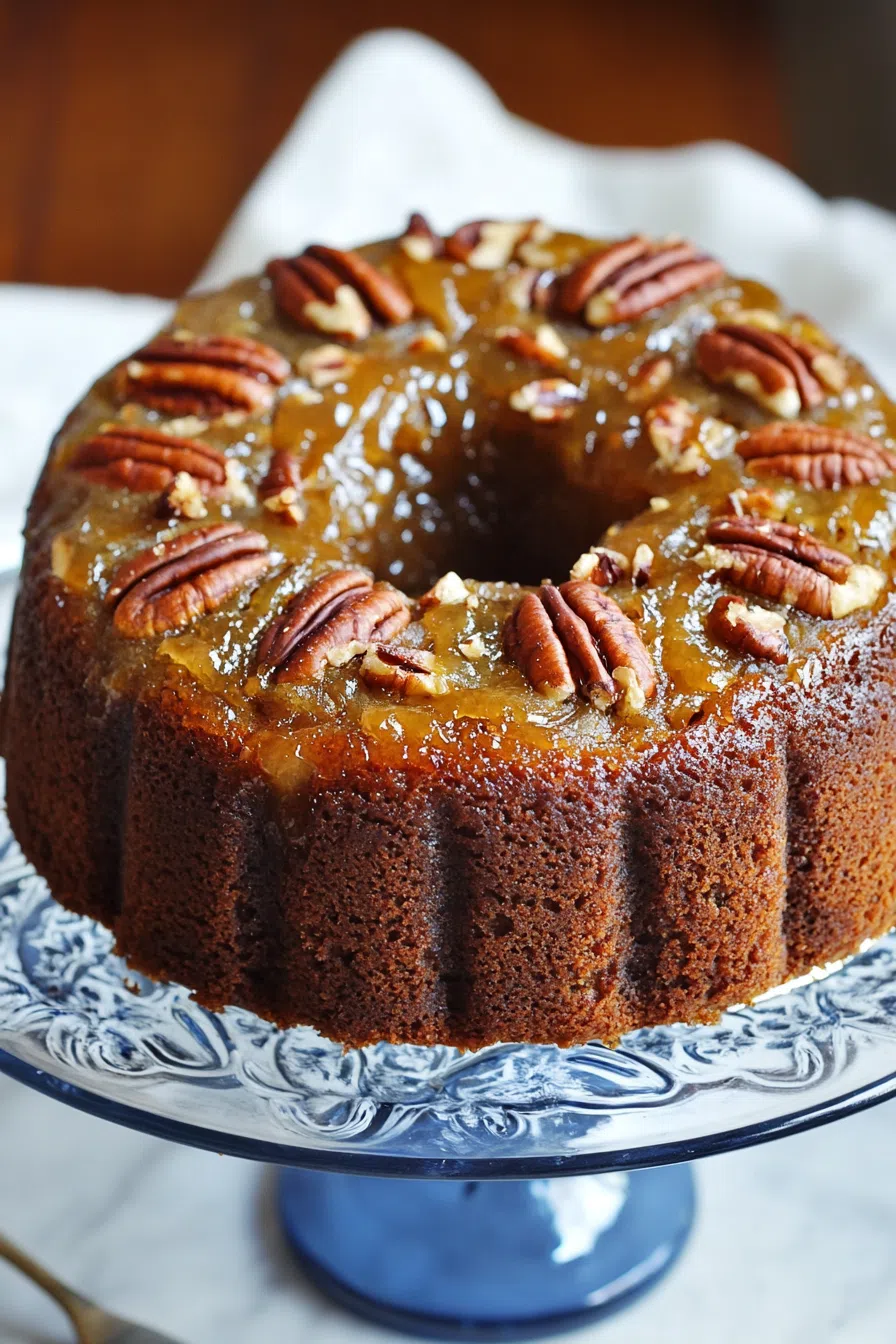 Golden Bundt cake with a caramelized pecan topping, served on a cake stand.