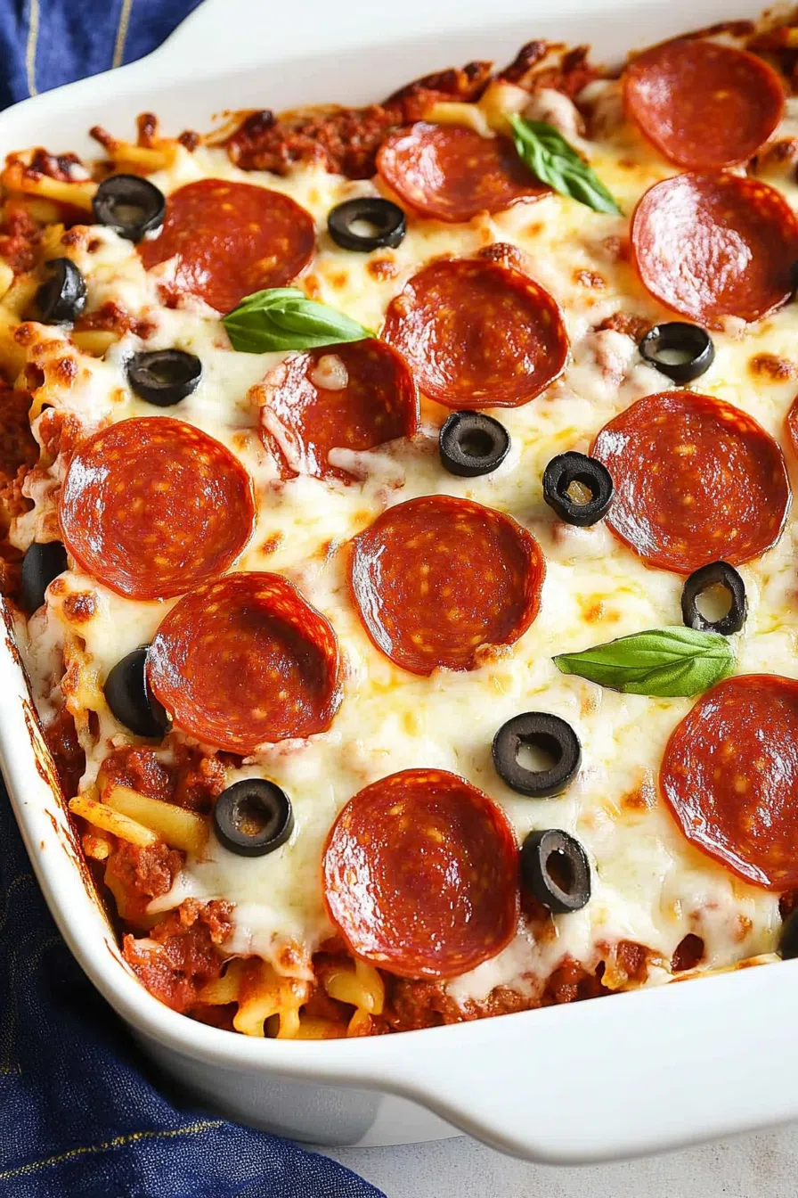 Hearty pepperoni pizza casserole garnished with fresh basil leaves.
