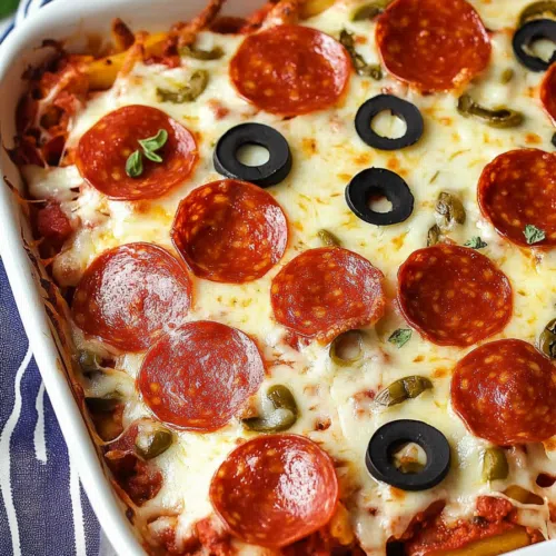 A cheesy baked casserole with layers of pasta, sauce, and crispy pepperoni on top.