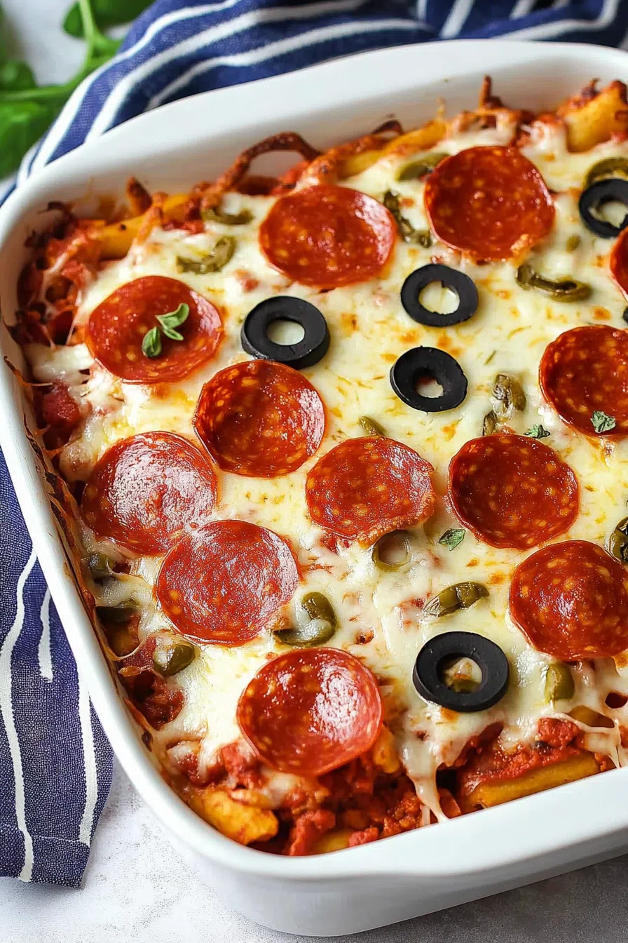A cheesy baked casserole with layers of pasta, sauce, and crispy pepperoni on top.