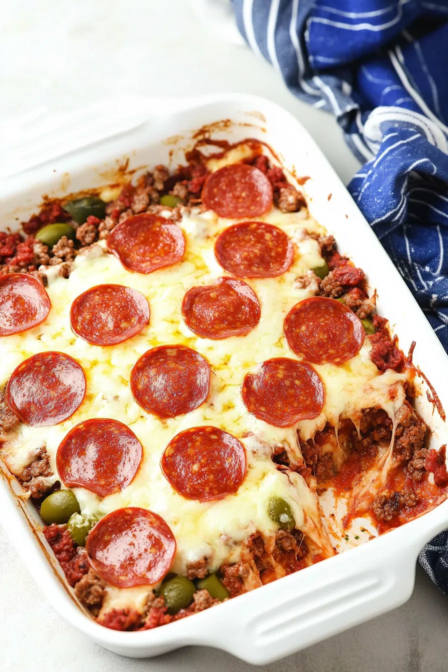 Golden-brown pepperoni slices resting on a bubbling, cheesy pasta bake.