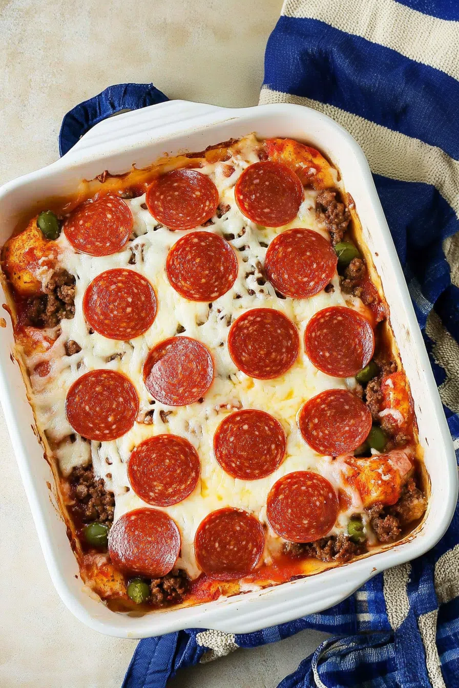 A hearty serving of baked pasta with rich tomato sauce and melted cheese.