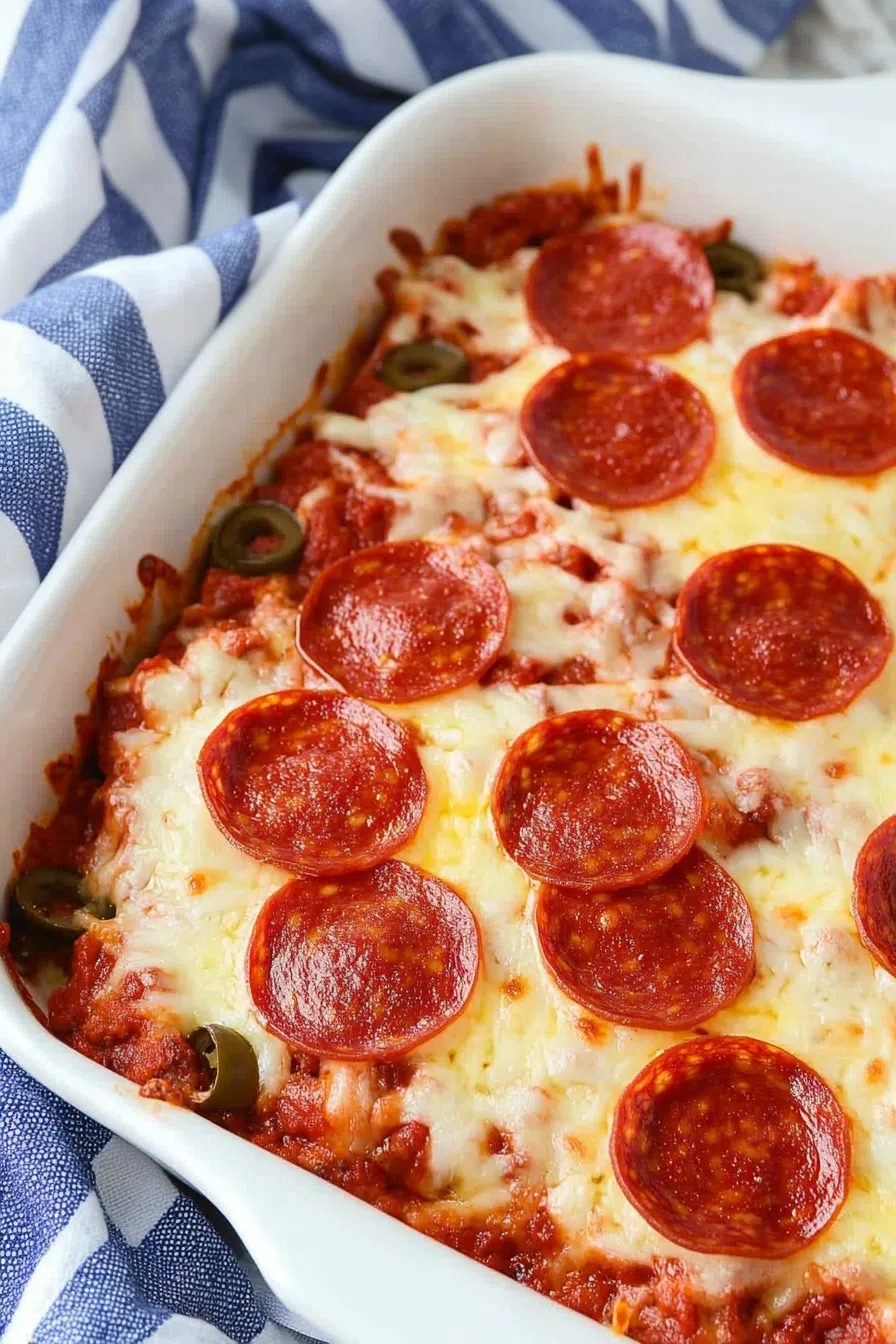 Close-up of cheesy pepperoni pizza casserole with golden edges.