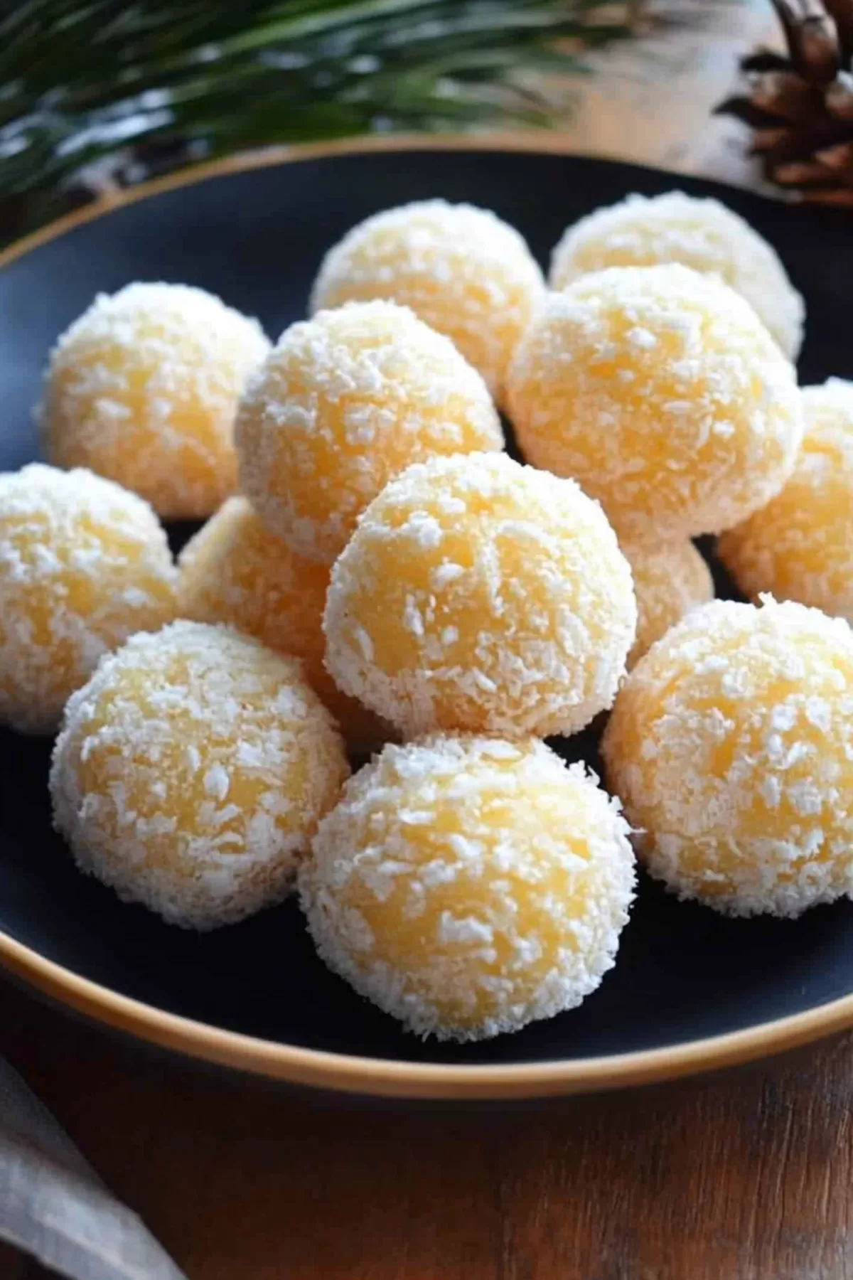 A plate of snow-like dessert balls, perfect for a Christmas celebration.