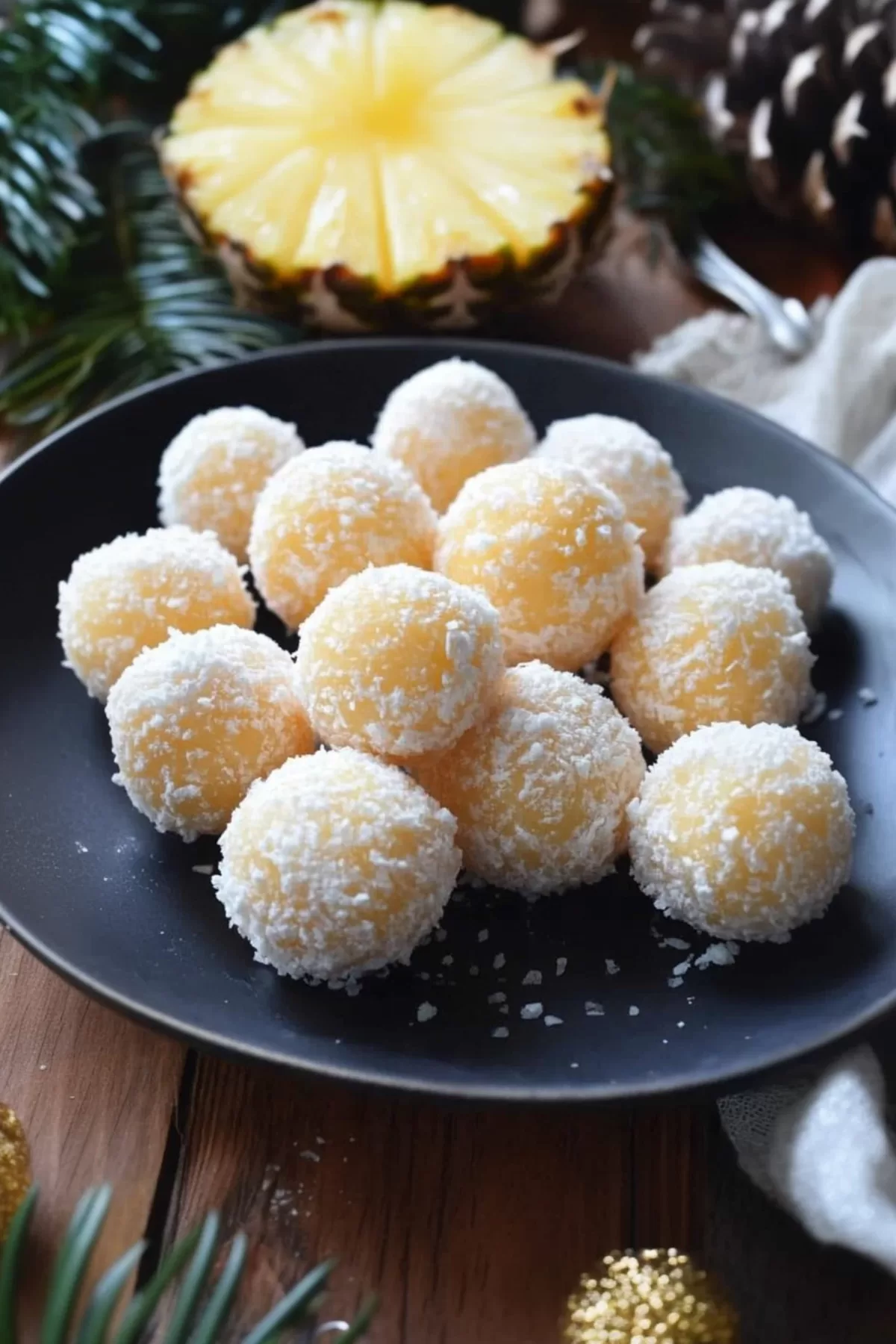 Coconut-covered treats with a hint of fruitiness, served as a festive snack.