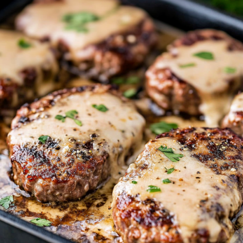 A close-up of a fork cutting into a tender, homemade beef patty with gravy.
