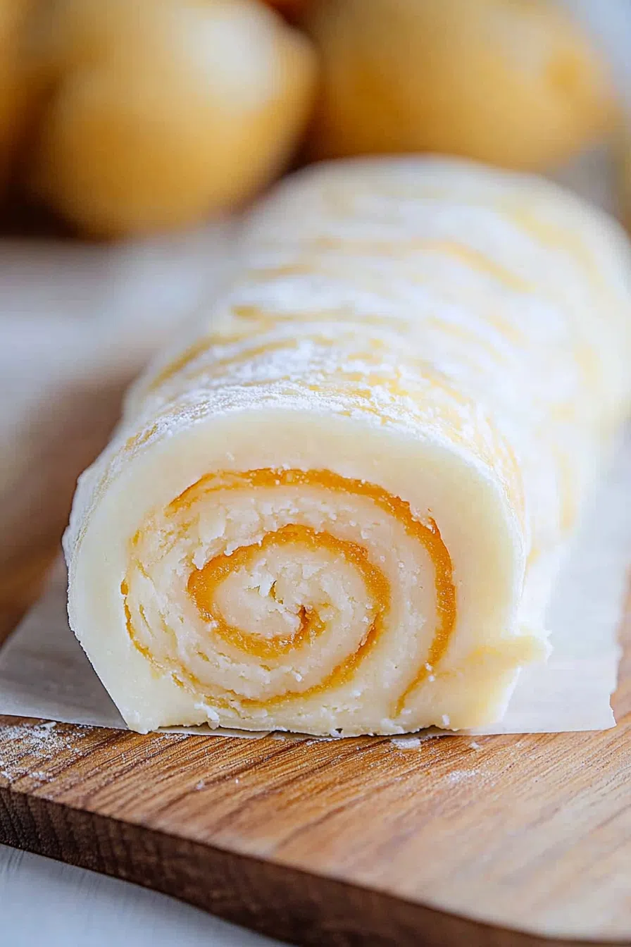 Close-up of creamy and smooth potato candy pieces arranged neatly.