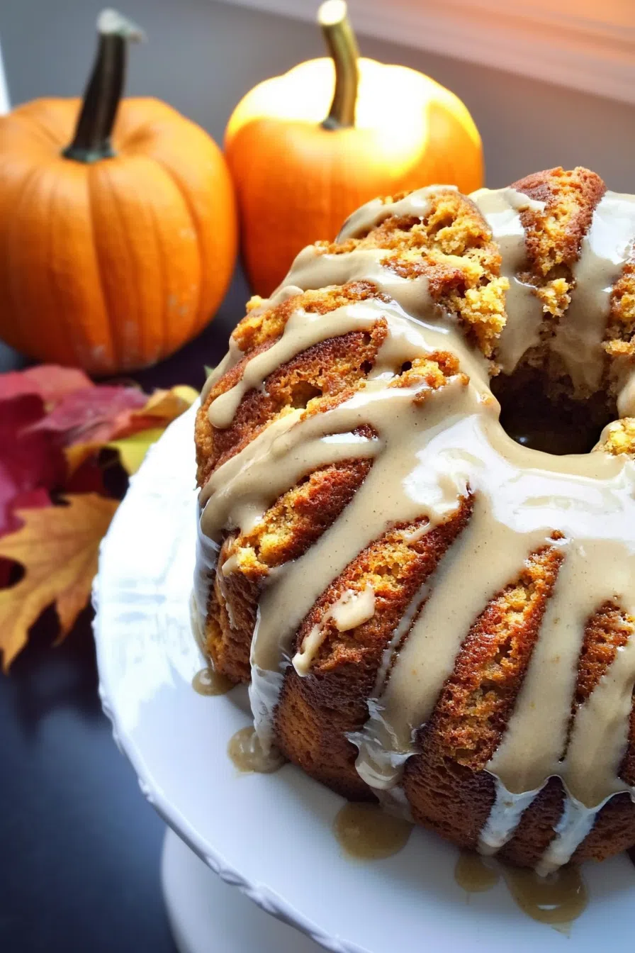 A golden-brown cake with a crumbly streusel topping on a serving plate.