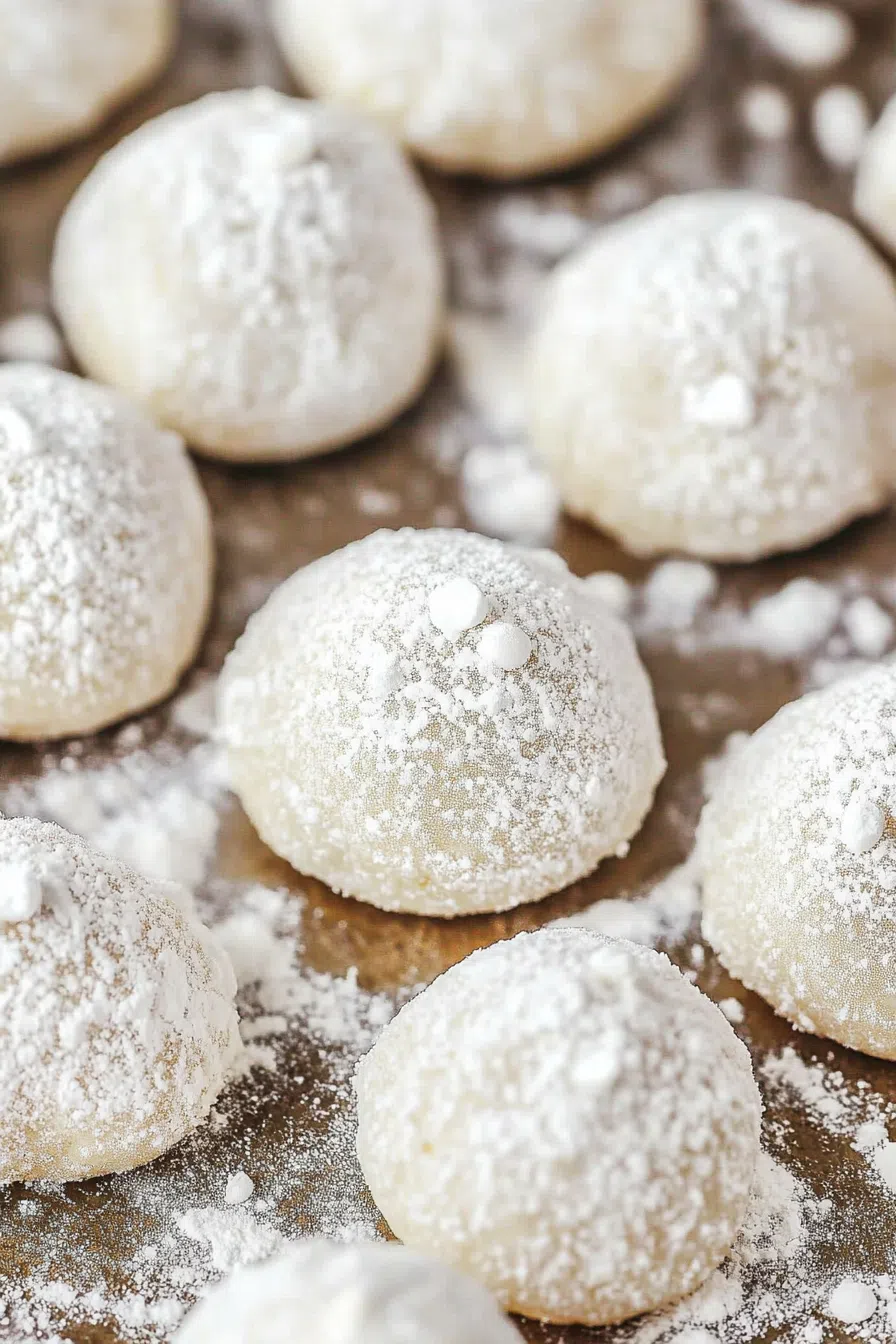 Cookies dusted with powdered sugar, arranged on a wooden board.