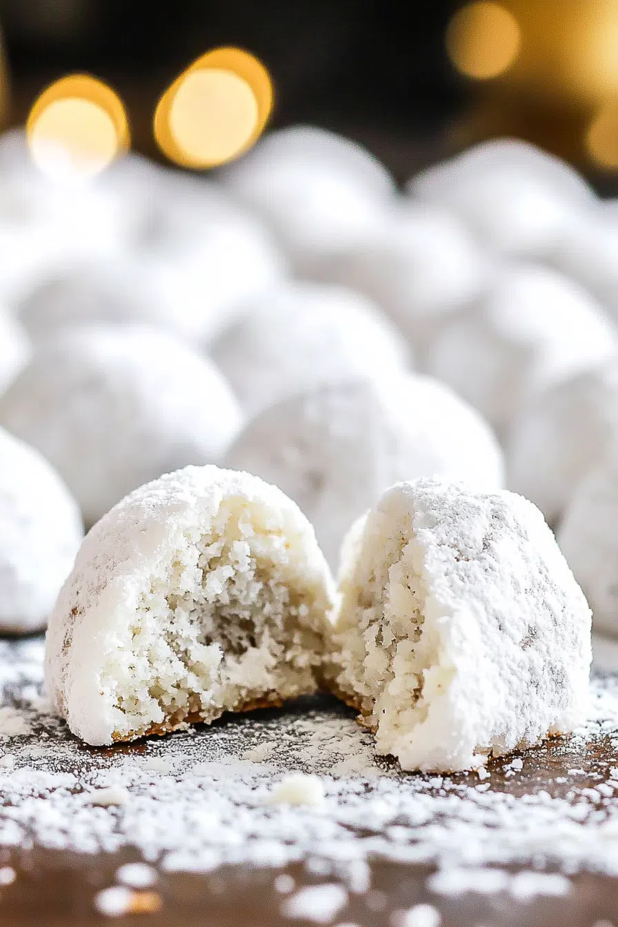 Close-up of a crumbly cookie with powdered sugar coating.
