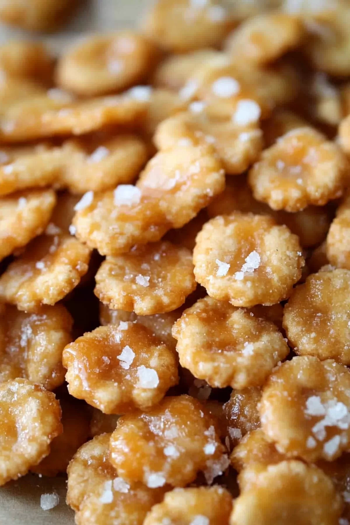 Close-up of golden crackers coated in glossy caramel and sprinkled with flaky salt on a wooden tray.