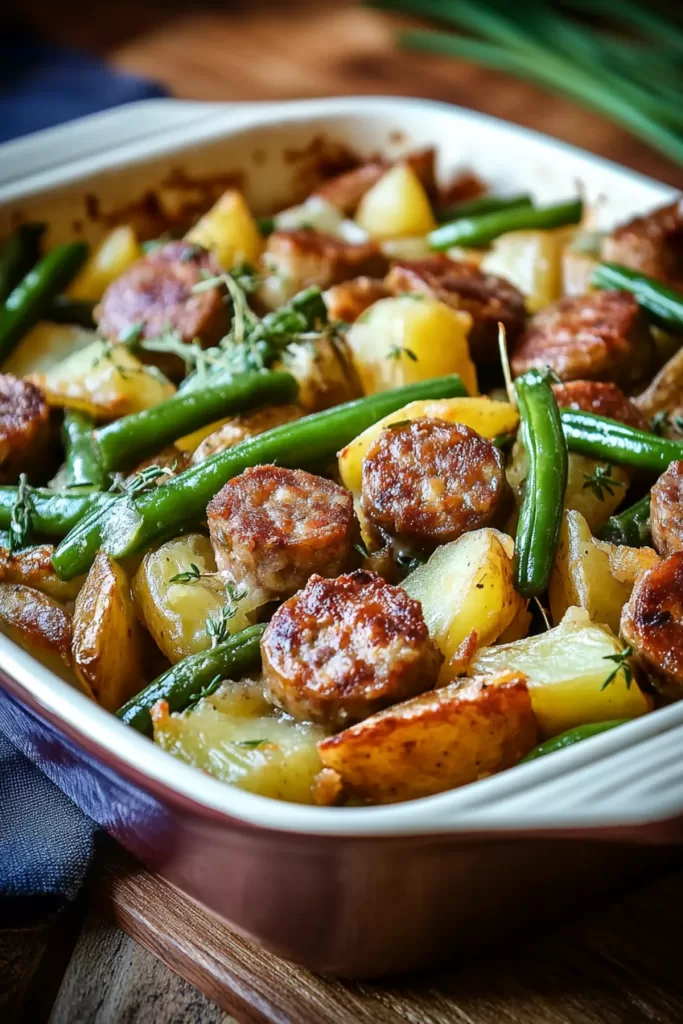 A hearty baked dish with chunks of sausage, tender potatoes, and crisp green beans.