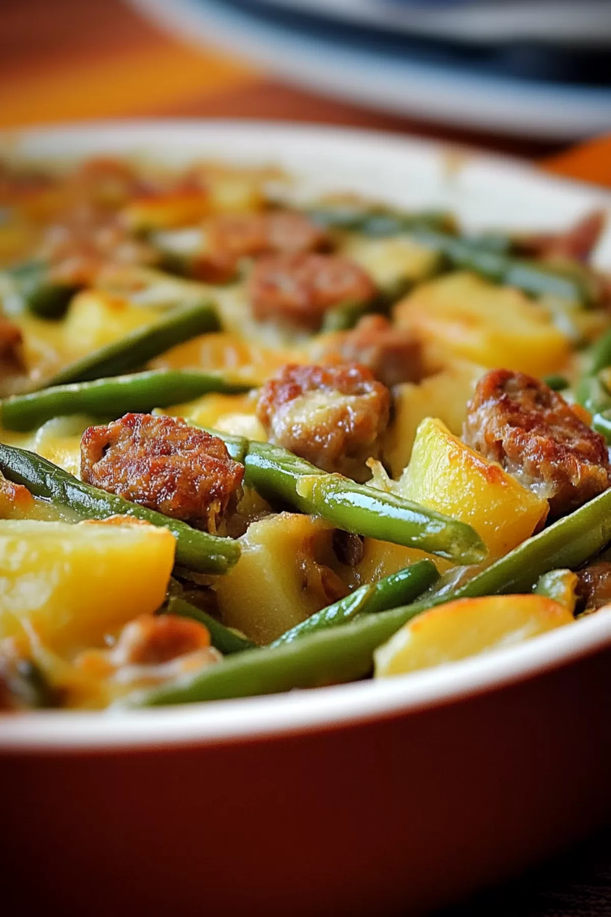 Close-up of a casserole showcasing golden potatoes, savory sausage, and vibrant green beans.