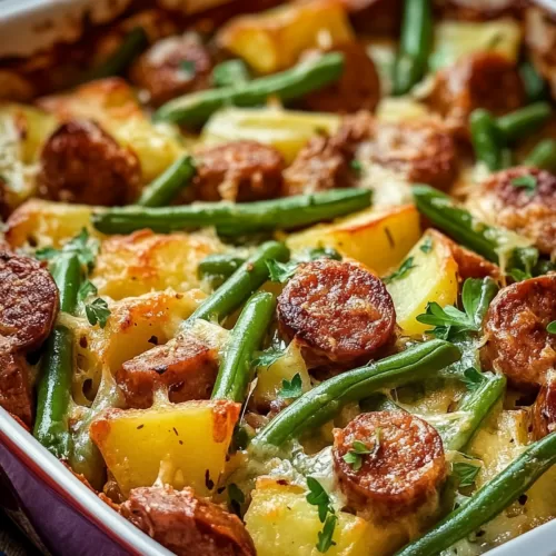 A comforting one-pan meal with roasted vegetables and sausage, topped with fresh herbs.