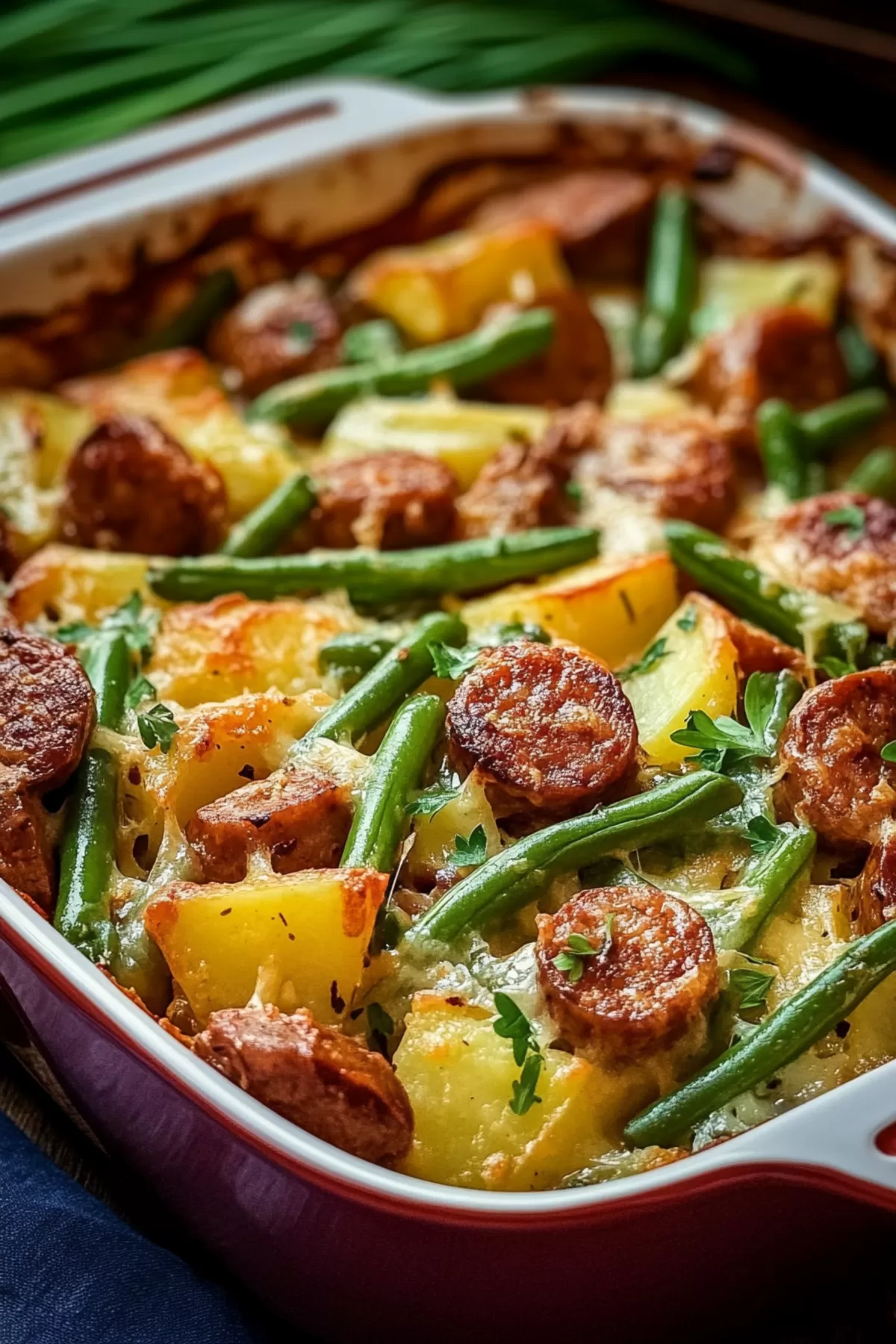 A comforting one-pan meal with roasted vegetables and sausage, topped with fresh herbs.