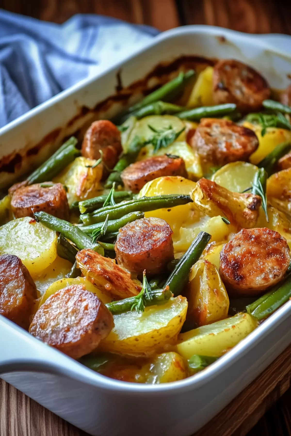 Serving of baked potatoes, sausage, and green beans coated in a savory seasoning.